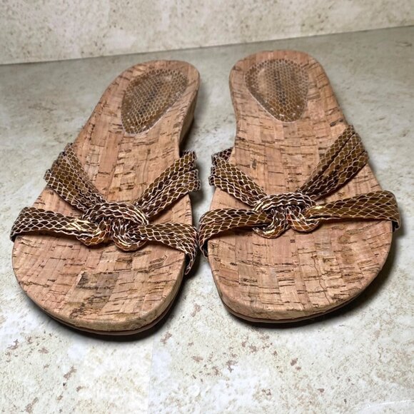Gianni Bini Cork Wedge Sandals With Metallic Gold Straps Comfort Summer Casual - Picture 3 of 7